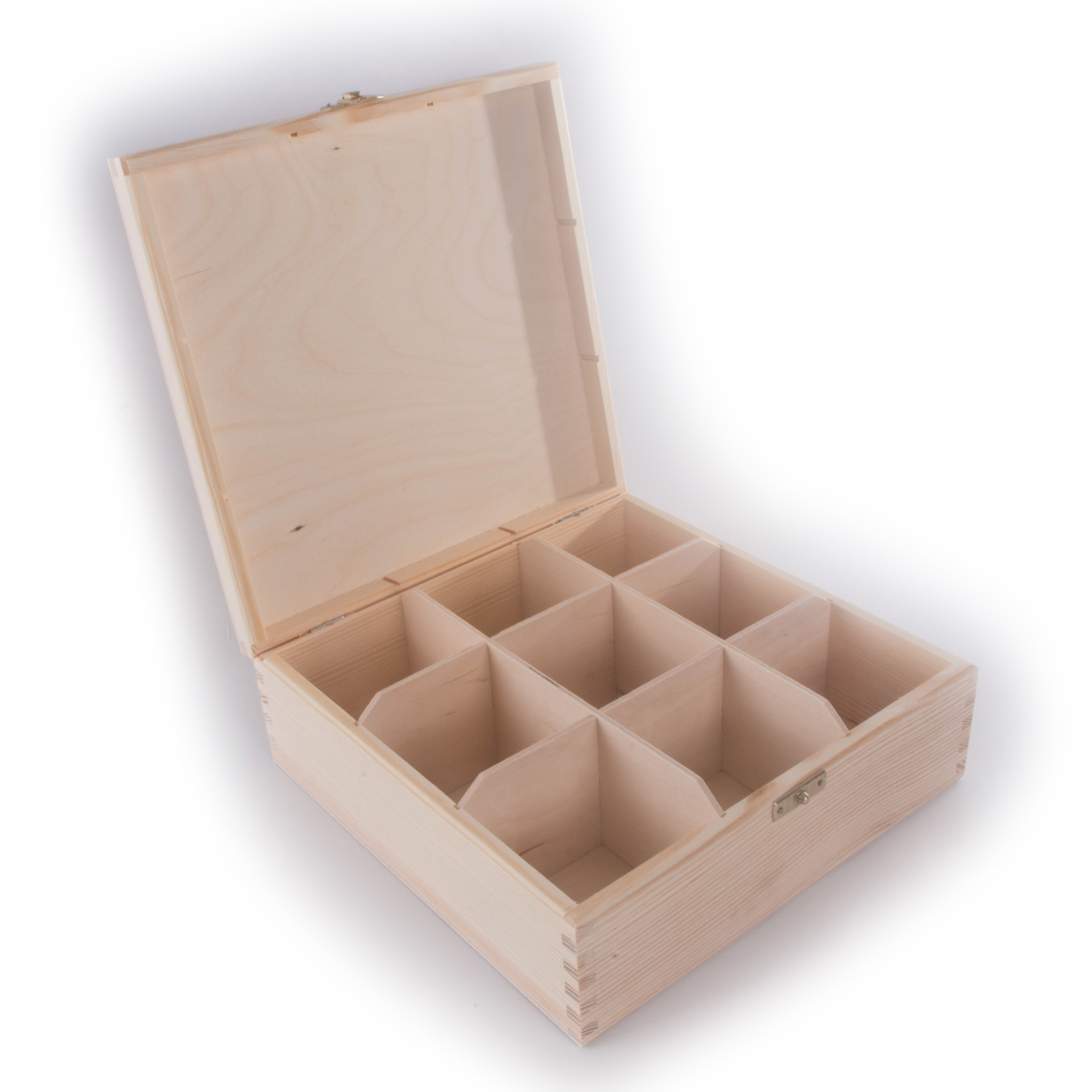 Wooden Storage Box With Lid Clasp & 9 Sections Compartments/ Keepsake